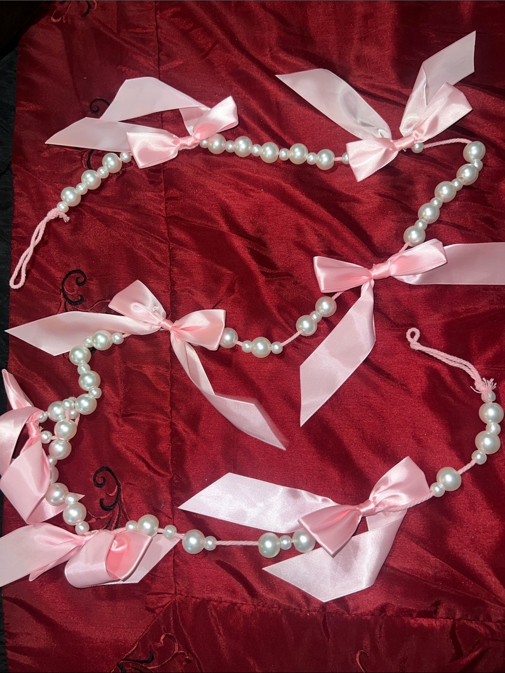 Pearl Bead Garland with Pink Ribbon Bows
